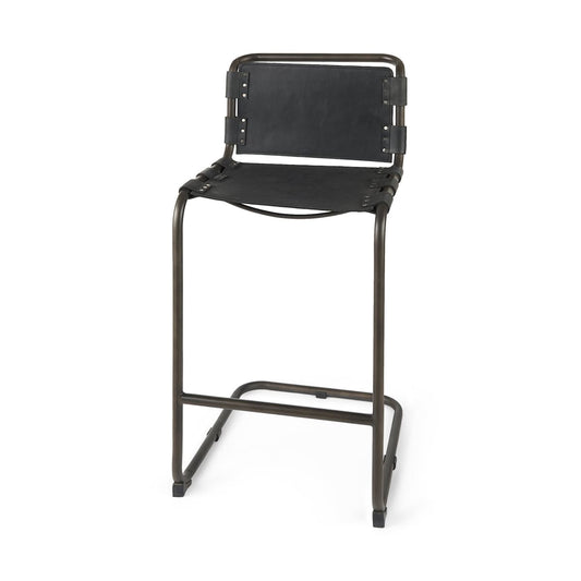Berbick Leather Seat Bar Counter Stool Black Leather | Gray Metal | Bar - bar-stools