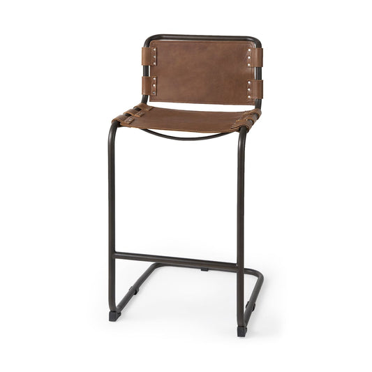 Berbick Leather Seat Bar Counter Stool Brown Leather | Gray Metal | Bar - bar-stools