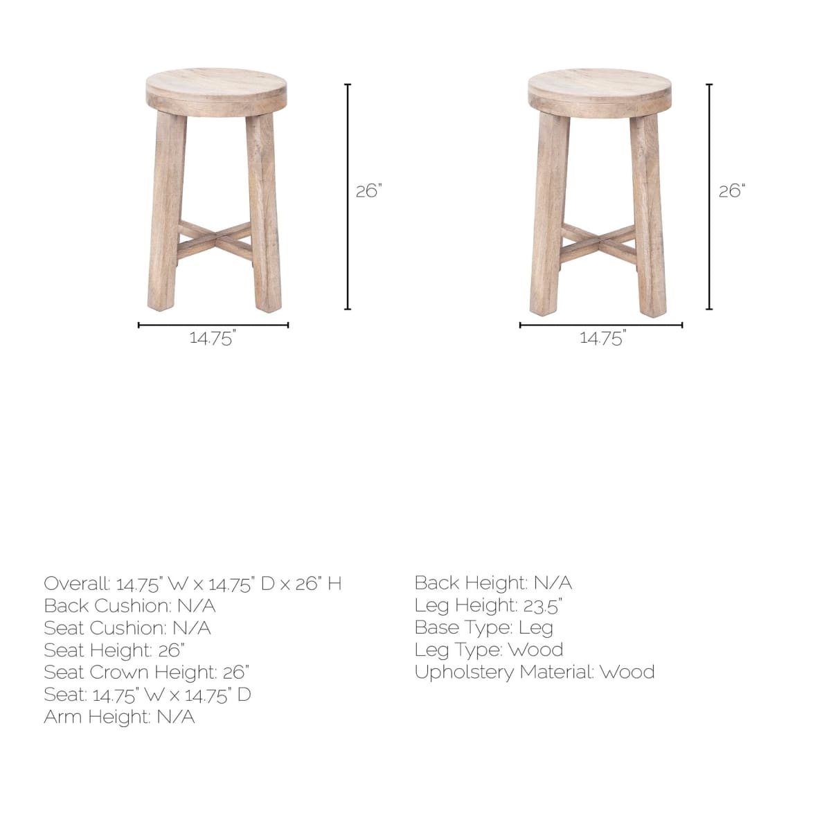 Brahma Bar Counter Stool White Washed Wood - bar-stools
