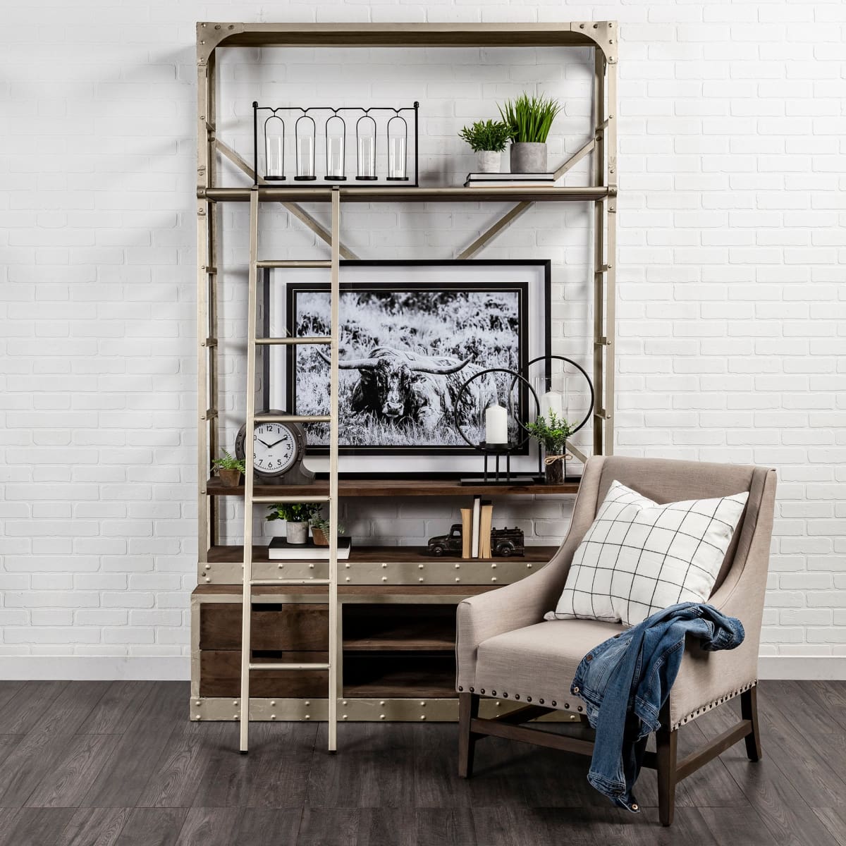 Brodie Shelving Unit Medium Brown Wood | Nickle Metal | 57L - shelving