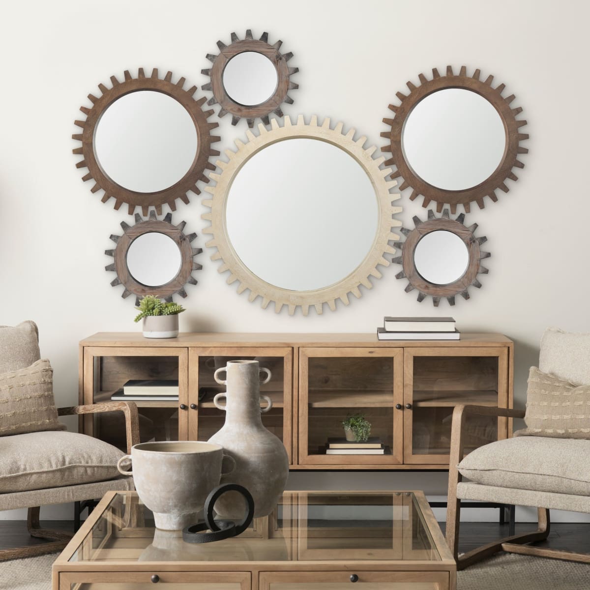 Cog Wall Mirror Brown Wood | 17’’ - wall-mirrors-grouped