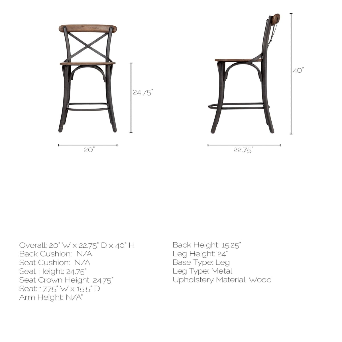 Etienne Bar Counter Stool Brown Wood | Black Metal | Counter - bar-stools