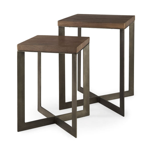 Faye (Set of 2) End Side Table Medium Brown Wood | Gray Metal | Set of 2 - end-and-side-tables