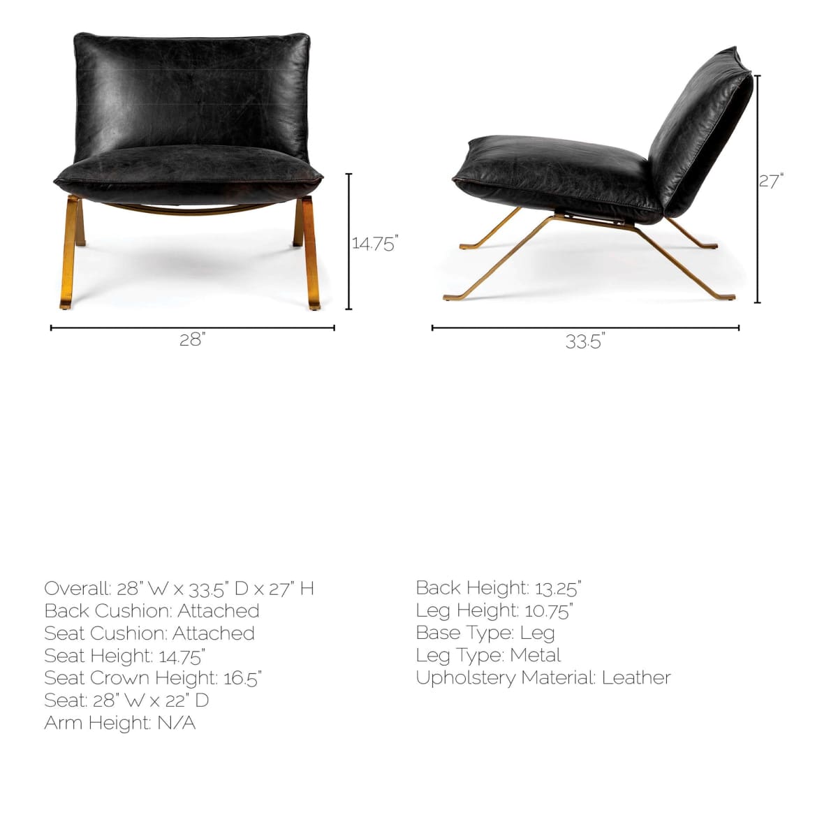 Flavelle Leather Accent Chair Black Leather | Gold Iron - accent-chairs