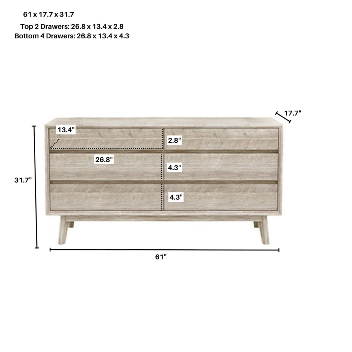 Gia 6 Drawer Dresser - Light Driftwood - lh-import-dressers