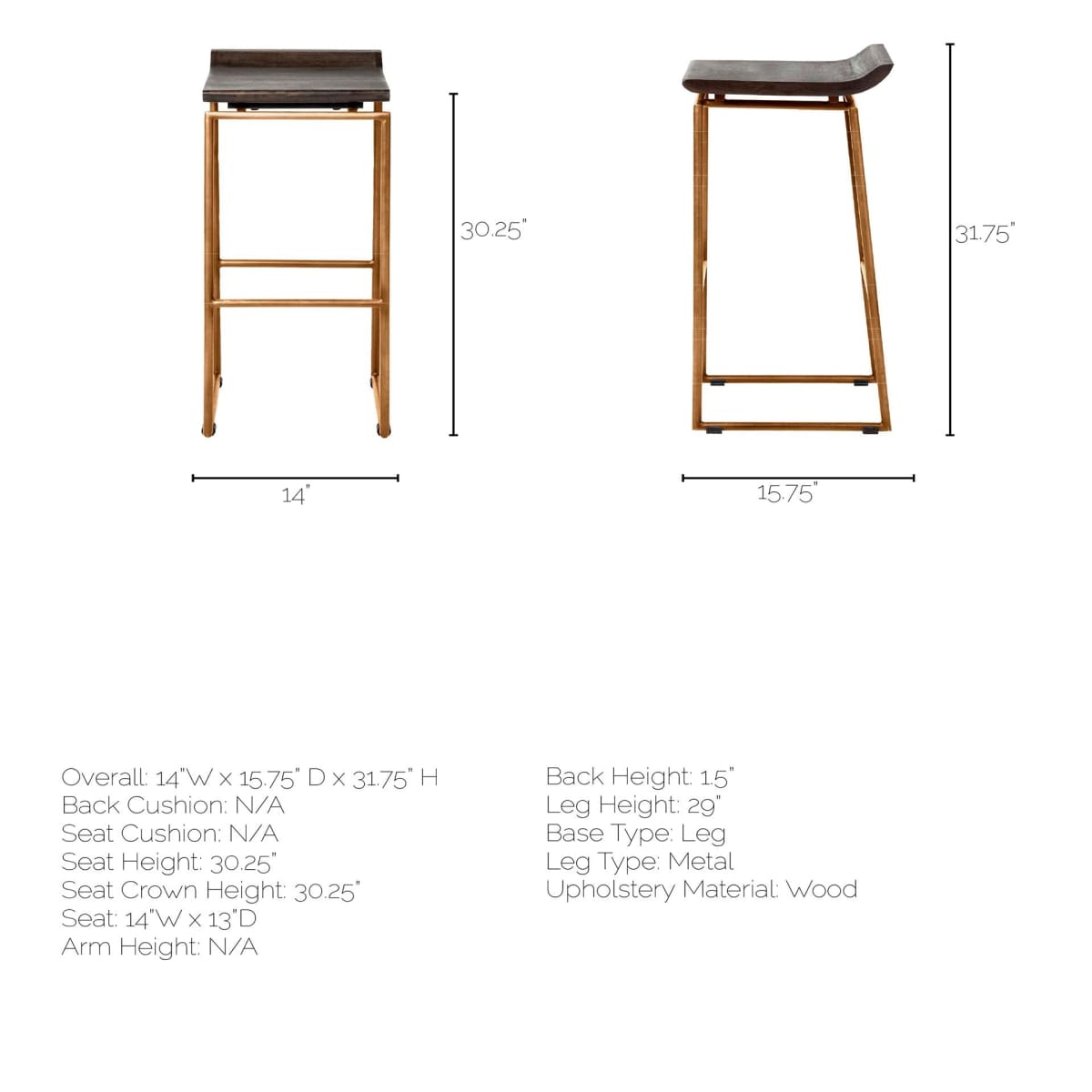 Givens Bar Counter Stool Brown Wood | Gold Metal | Bar - bar-stools