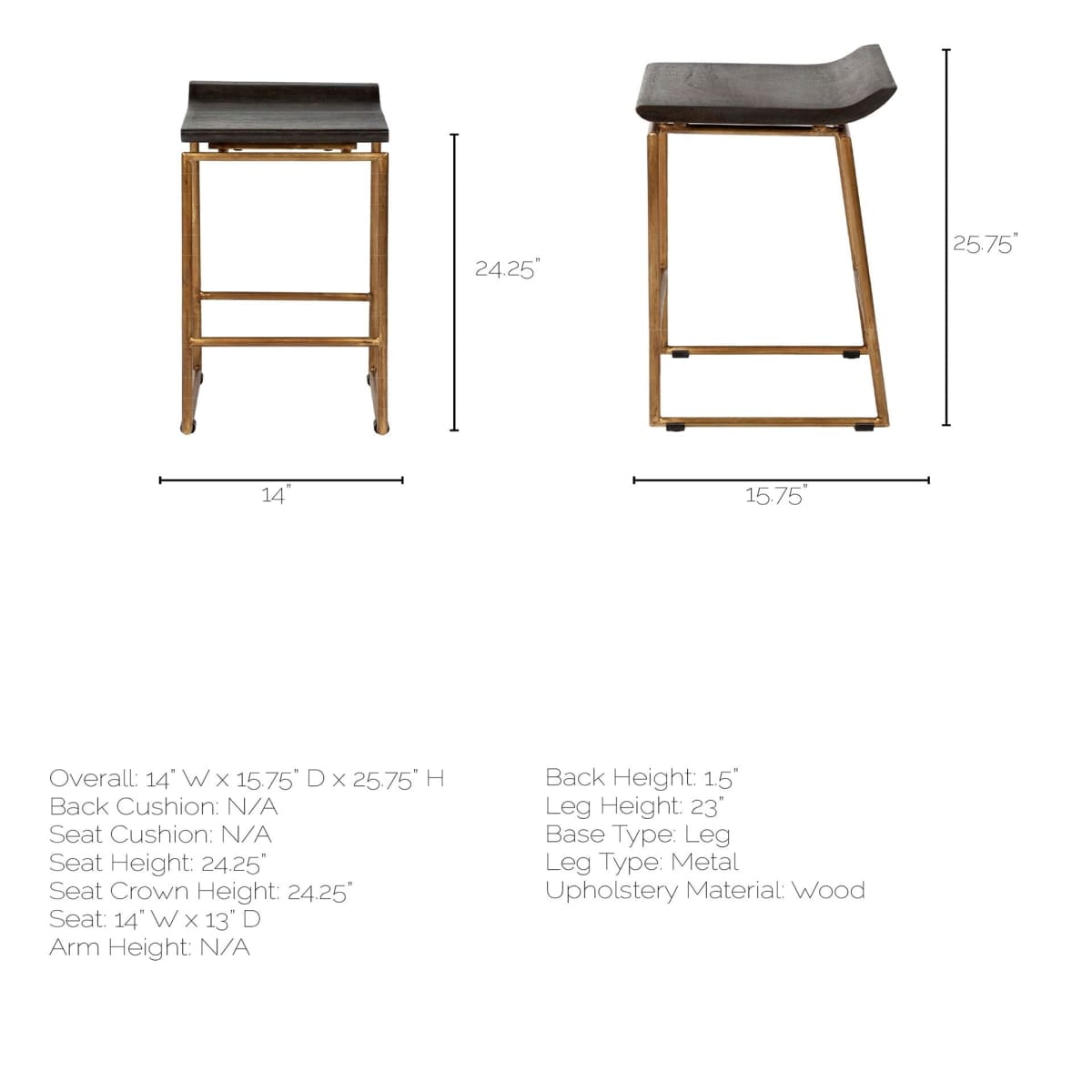 Givens Bar Counter Stool Brown Wood | Gold Metal | Counter - bar-stools