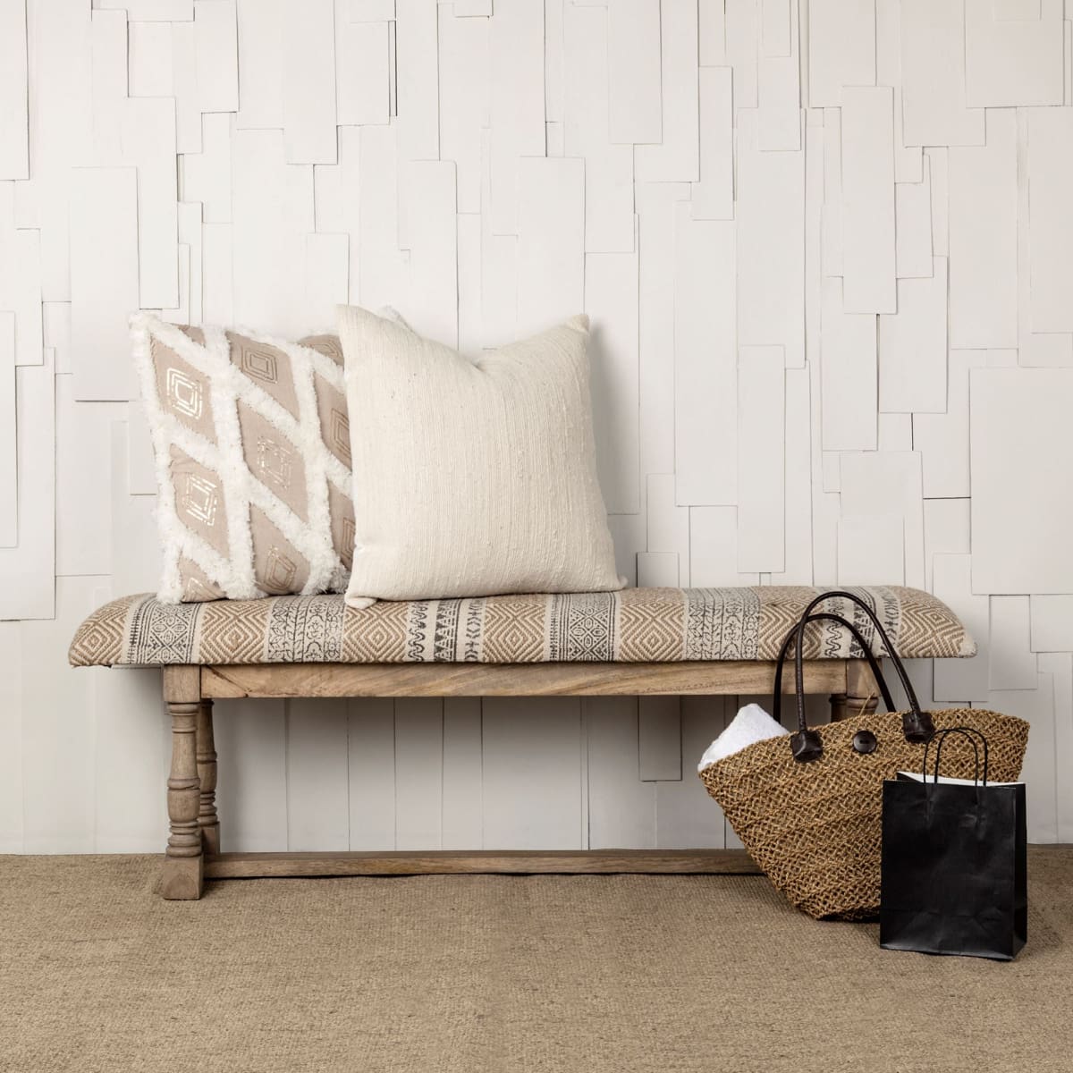 Greenfield Bench Tan Fabric | Brown Wood - benches