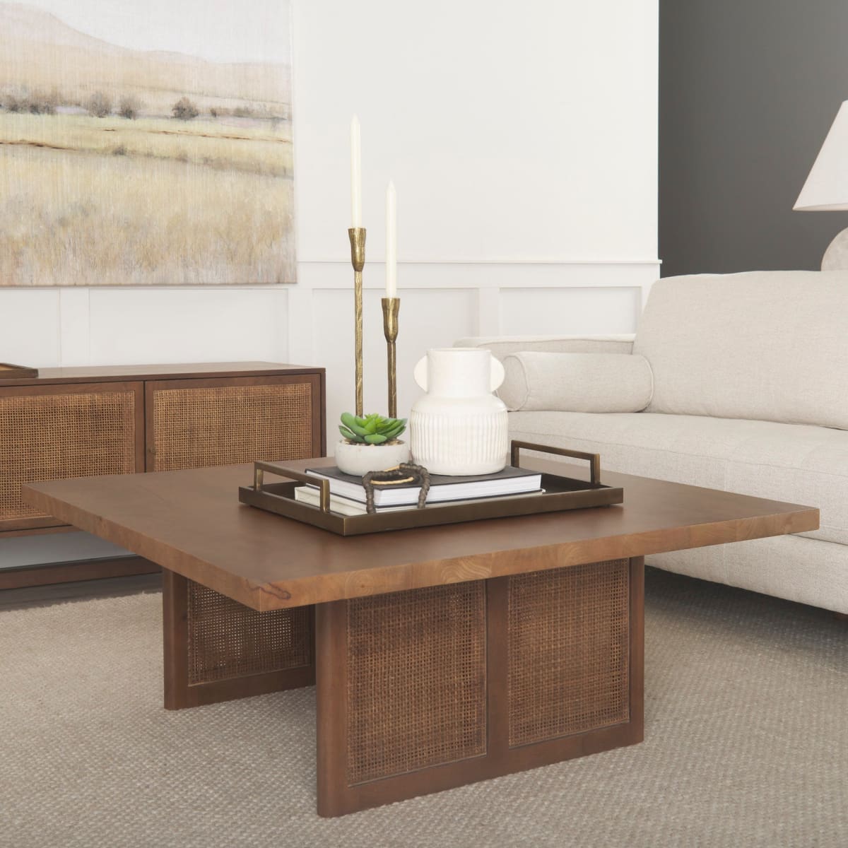 Grier Coffee Table Medium Brown Wood | Cane Accent - coffee-tables
