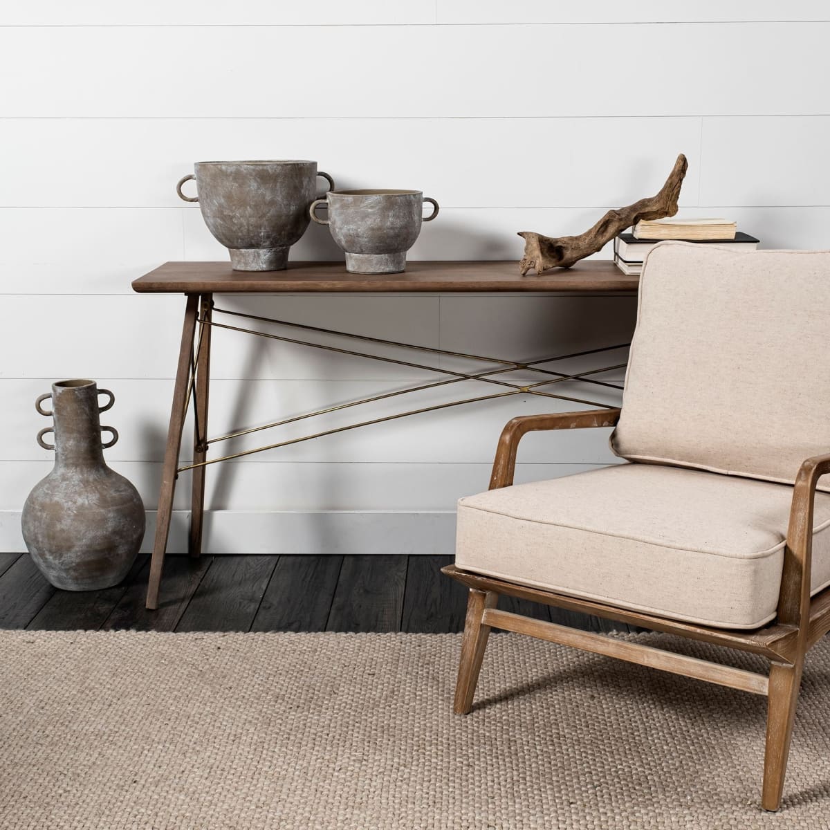 Harman Upholstered Accent Chair Off-White Fabric | Brown Wood - accent-chairs