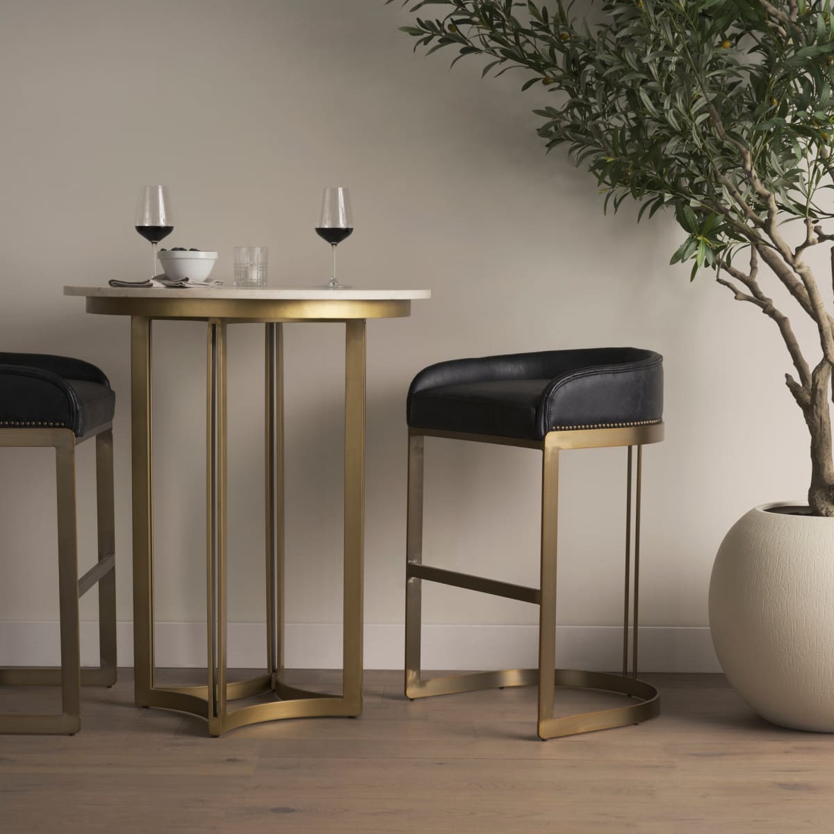 Hollyfield Bar Counter Stool Black Leather | Antiqued Gold Metal | Bar - bar-stools