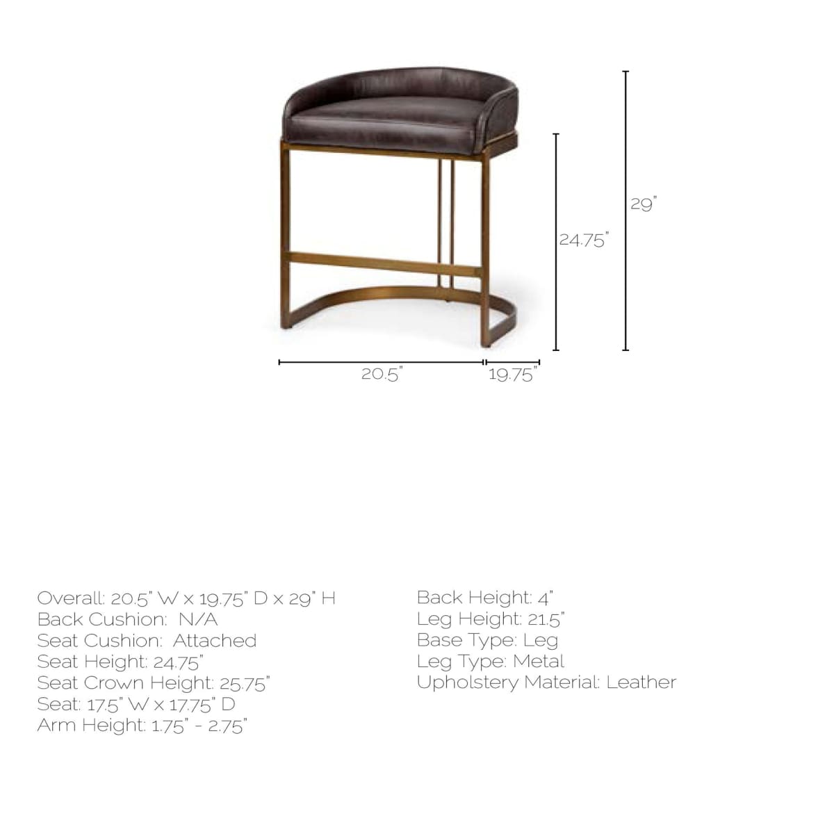 Hollyfield Bar Counter Stool Black Leather | Antiqued Gold Metal | Counter - bar-stools