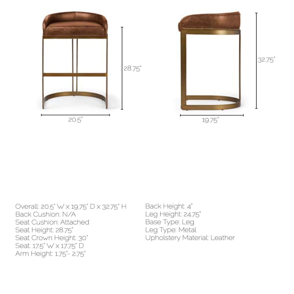 Hollyfield Bar Counter Stool Brown Leather | Gold Metal | Bar - bar-stools