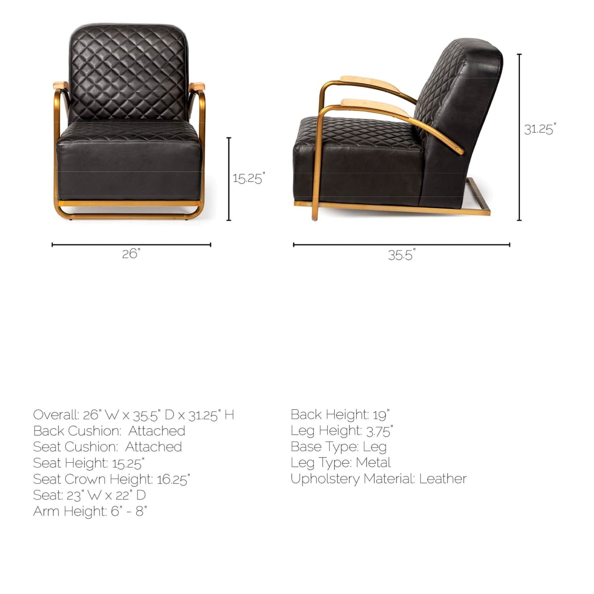 Horace Leather Accent Chair Black Leather | Gold Iron - accent-chairs