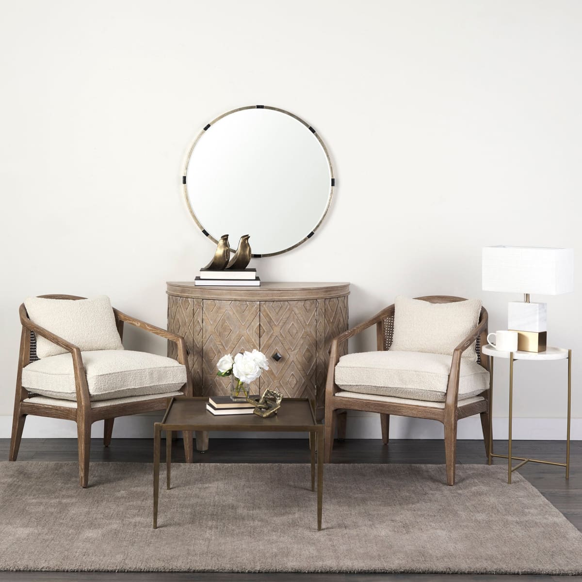 Landon Upholstered Accent Chair Cream Fabric | Brown Wood - accent-chairs