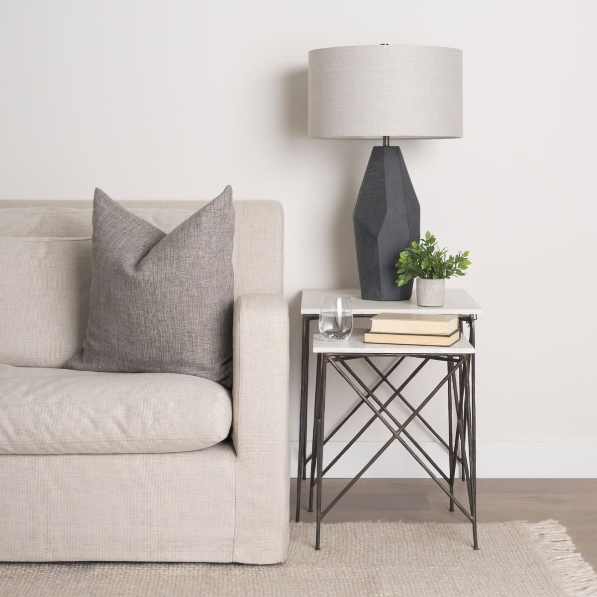 Lorlei End Side Table White Marble | Gray Iron | Set of 2 - end-and-side-tables