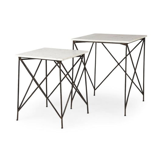 Lorlei End Side Table White Marble | Gray Iron | Set of 2 - end-and-side-tables