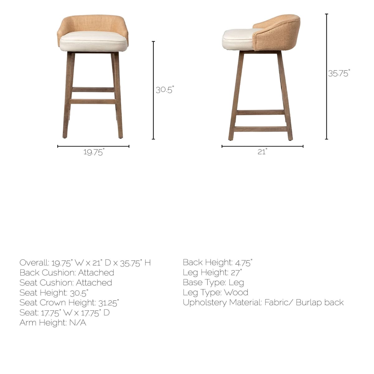 Monmouth Bar Counter Stool Cream Fabric | Brown Wood | Bar - bar-stools