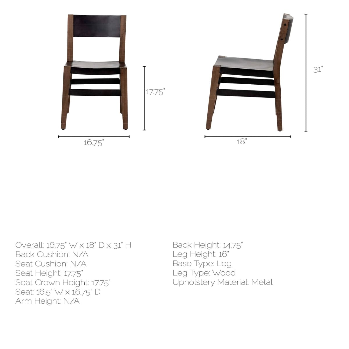 Nell Dining Chair Black Metal | Brown Wood - dining-chairs