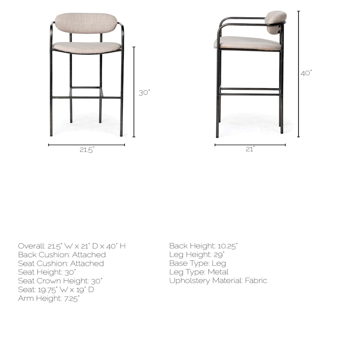 Parker Bar Counter Stool Beige Fabric | Grey Metal | Bar - bar-stools