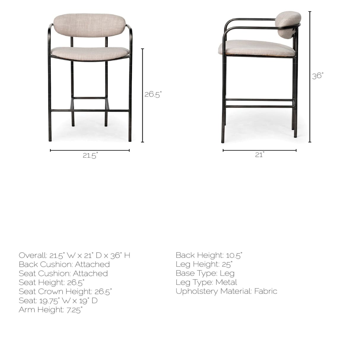 Parker Bar Counter Stool Beige Fabric | Grey Metal | Counter - bar-stools