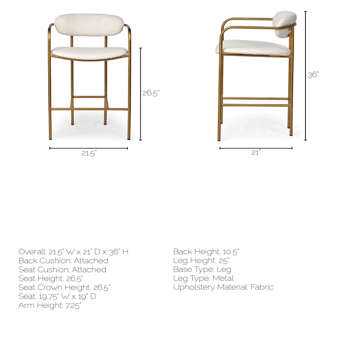 Parker Bar Counter Stool Cream Fabric | Gold Metal | Counter - bar-stools