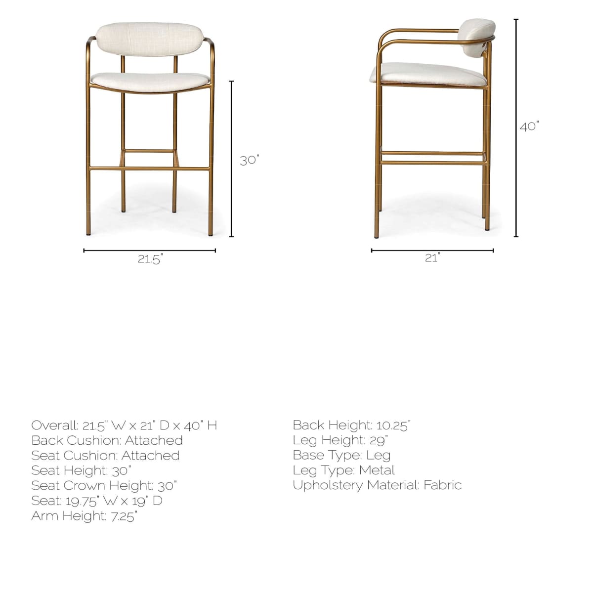 Parker Bar Counter Stool Cream Fabric | Gold Metal | Bar - bar-stools