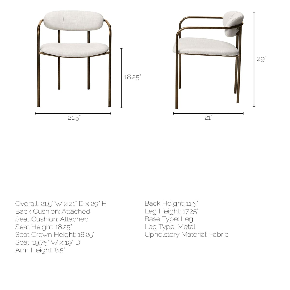 Parker Upholstered Dining Chair Cream Fabric | Gold Metal - dining-chairs