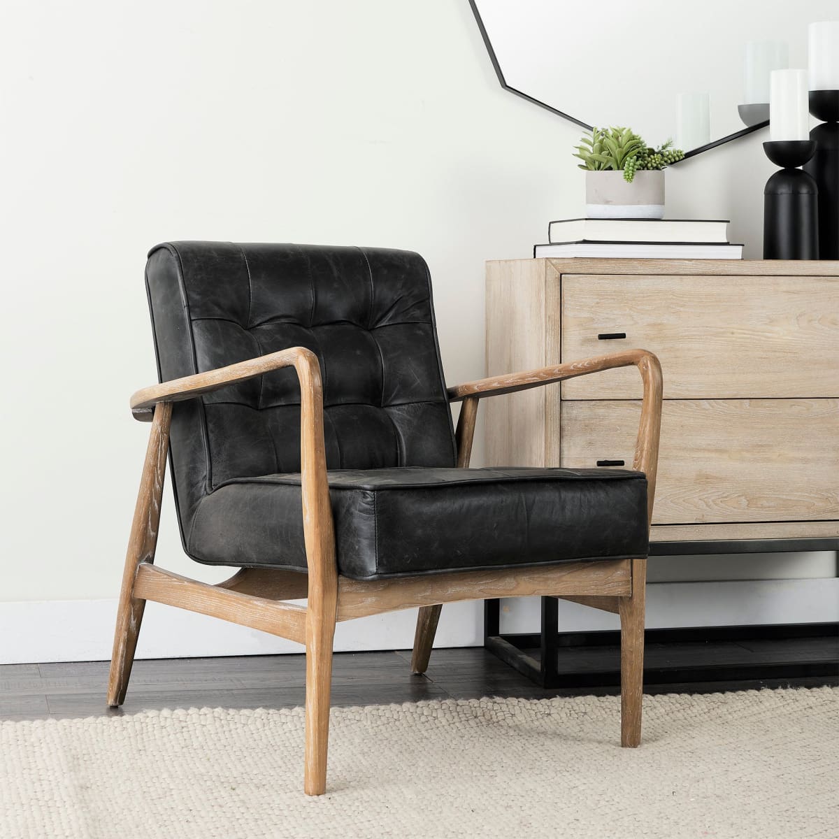 Phineas Accent Chair Black Leather | Brown Wood - accent-chairs