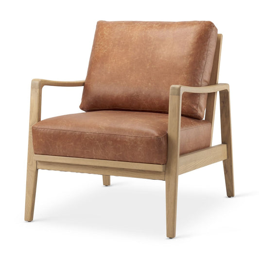 Raeleigh Leather Accent Chair Light Cognac Leather | Brown Wood - accent-chairs