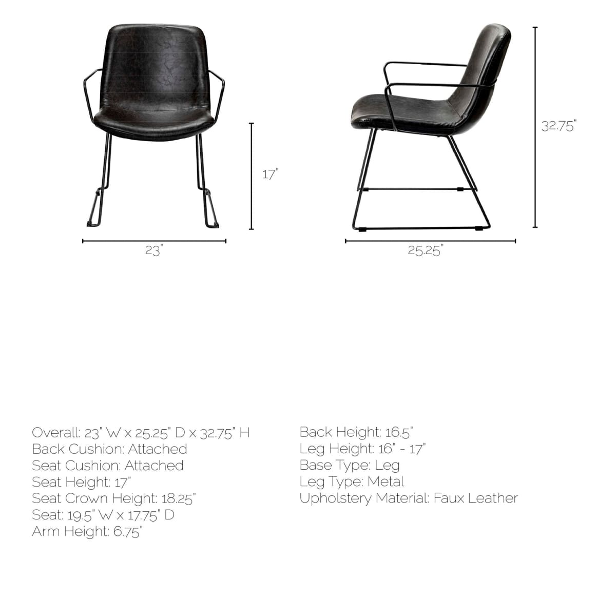 Sawyer Dining Chair Black Faux Leather | Black Metal (Armchair) - dining-chairs