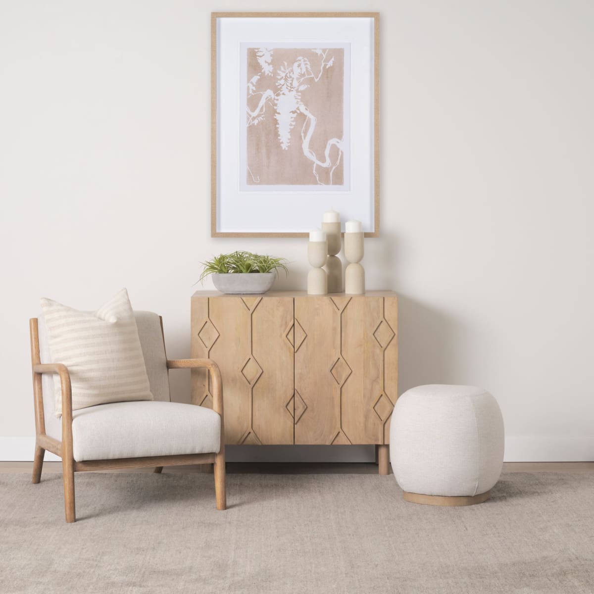 Siren Stool Cream Fabric | Light Brown Wood - poufs