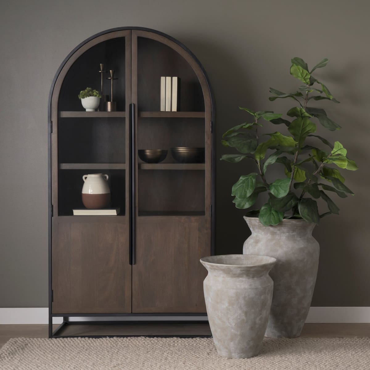 Sloan Curio Cabinet Dark Brown Wood | Black Metal | 80’’H - cabinets