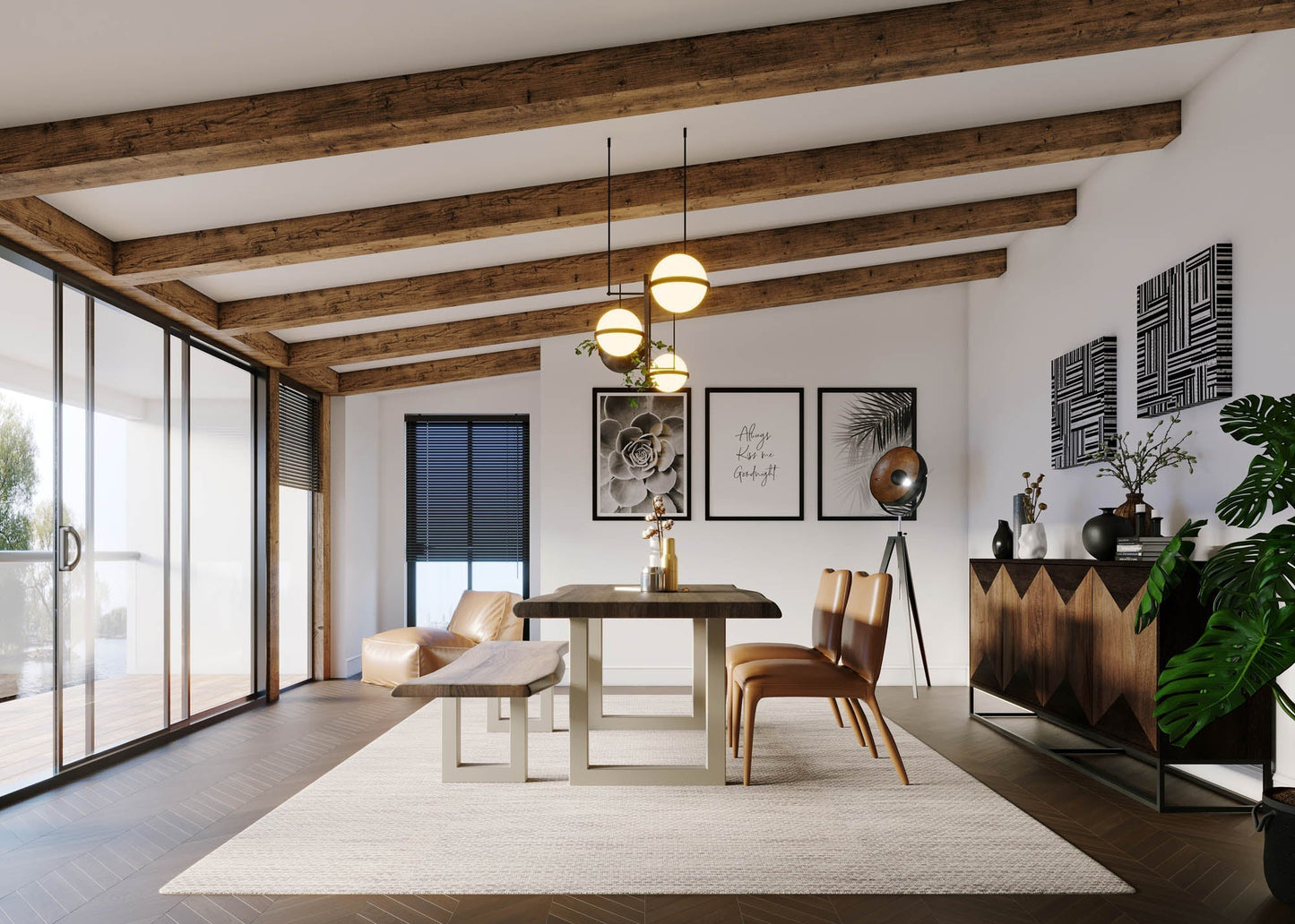 TAJ Dining Bench - Vinegar Matte Top/ U Tube Metal Base