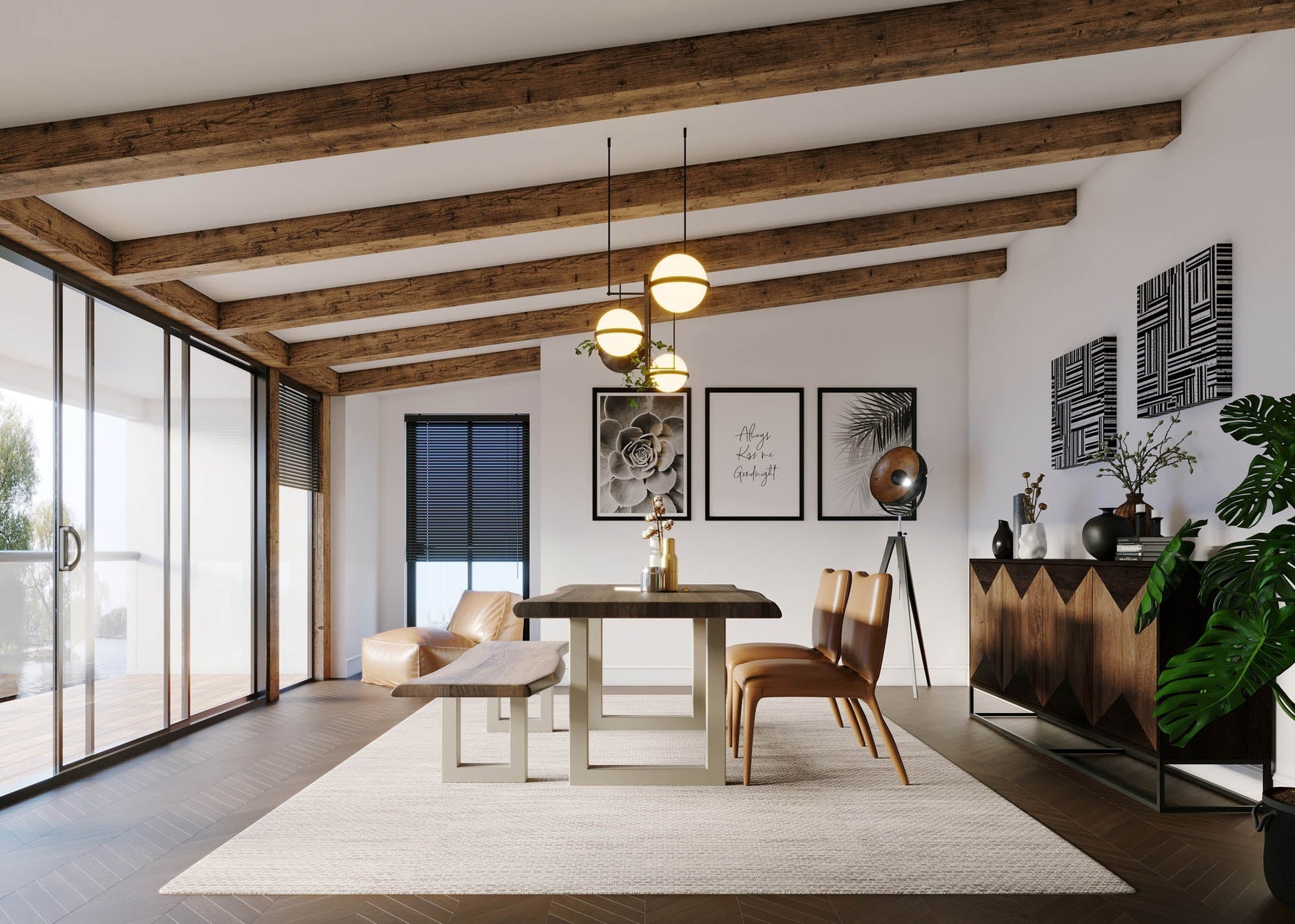 TAJ Dining Bench - Vinegar Matte Top/ U Tube Metal Base