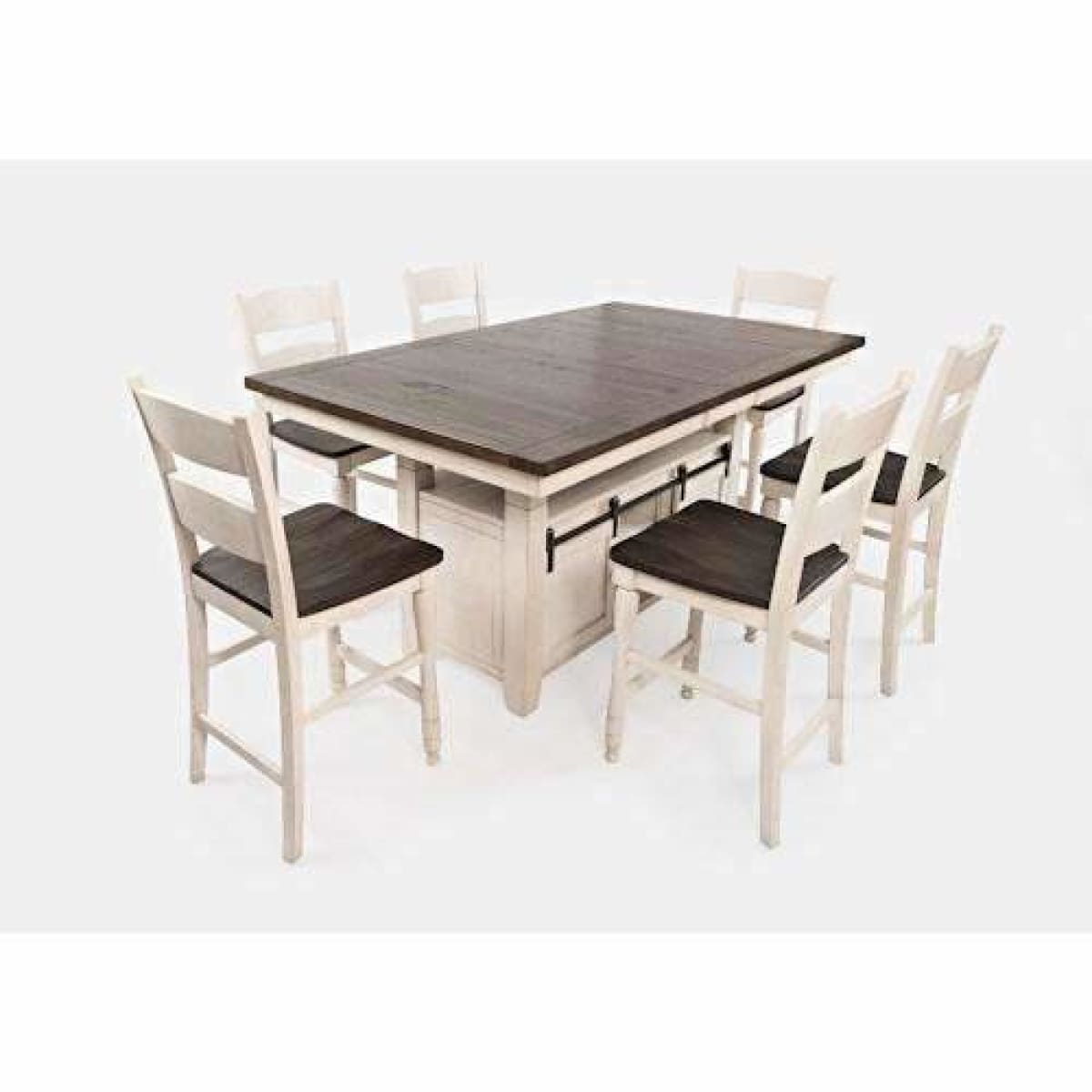 Madison County Vintage White Hi/Low Table & 6 Ladderback Dining Chairs - DININGCOUNTERHEIGHT